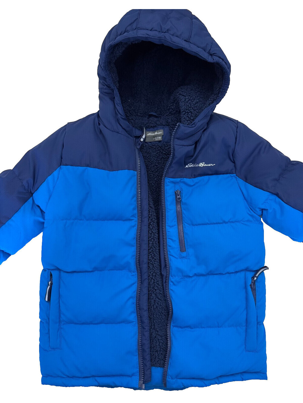 Eddie Bauer Boy's Hooded Puffer Down Jacket Small (7/8) Blue Faux Fur Lining